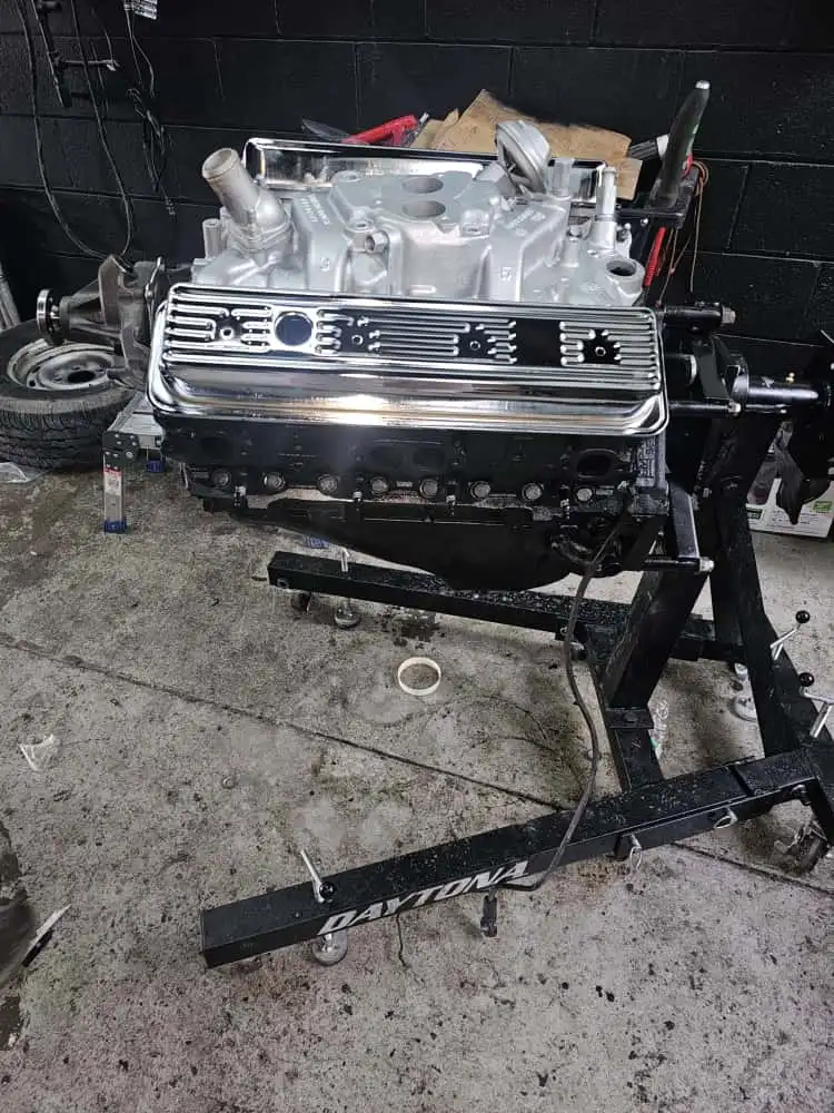 Freshly rebuilt engine on a stand ready to install