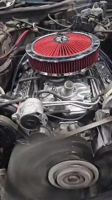 V8 engine with red air cleaner under the hood